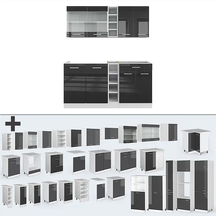 Vicco Singleküche R-Line Anthrazit Hochglanz/Weiß, AP Marmor - Anthrazit Hochglanz, Mit AP Marmor - Modulares Küchenschranksystem mit glänzenden schwarzen Türen und weißen Rahmen, inklusive Unter-, Ober- und Hochschränken.