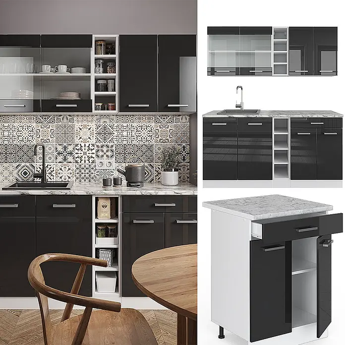 Vicco Singleküche R-Line Anthrazit Hochglanz/Weiß, AP Marmor - Anthrazit Hochglanz, Mit AP Marmor - Modulares Küchensystem mit schwarz glänzenden Türen, weißen Regalen und einer Arbeitsplatte in Marmoroptik, in einer Küche abgebildet.