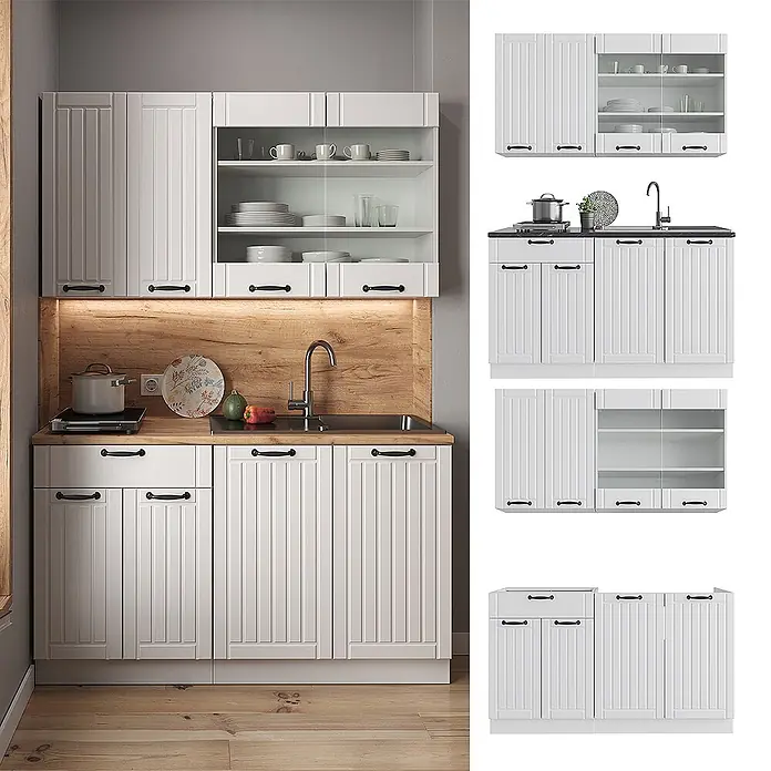 Vicco Singleküche Fame-Line Weiß Landhaus/Weiß, AP Marmor - Weiß Landhaus, Mit AP Marmor - Weiße Küchenschrank-Garnitur mit gerillten Türen und schwarzen Griffen, mit oberen Modulen aus Glas.