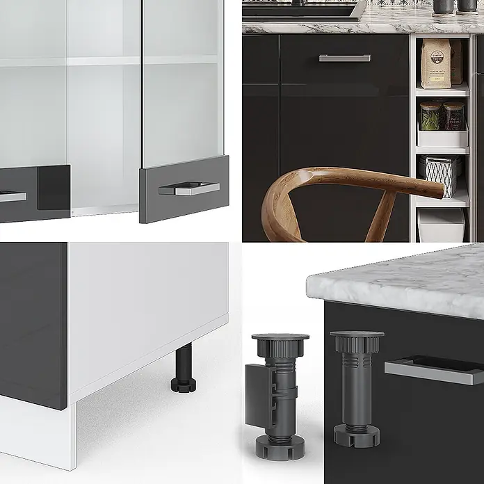 Vicco Singleküche R-Line Anthrazit Hochglanz/Weiß, AP Marmor - Anthrazit Hochglanz, Mit AP Marmor - Modulares Küchensystem mit hochglänzenden dunkelgrauen Türen, Glasvitrinen und verstellbaren Füßen für individuelle Einrichtungen.