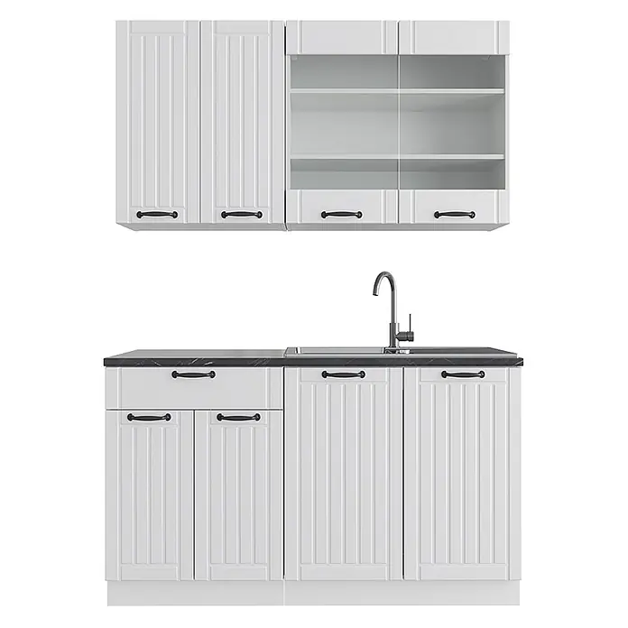 Vicco Singleküche Fame-Line Weiß Landhaus/Weiß ohne Arbeitsplatte - Weiß Landhaus, Ohne AP - Weißer Küchenschrank-Set mit schwarzen Griffen und Arbeitsplatte, bestehend aus Ober- und Unterschränken, offenen Regalen und Spüle.