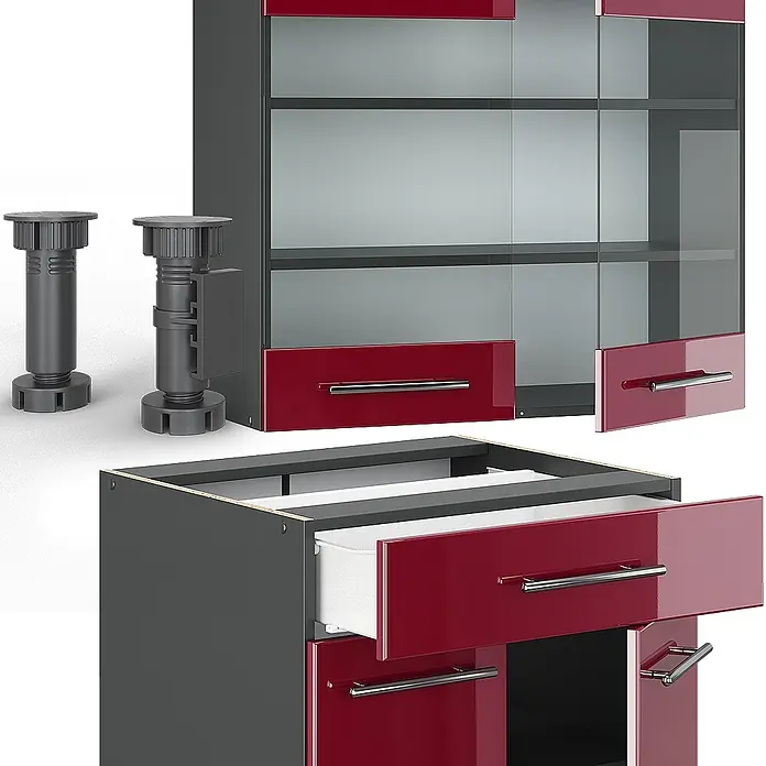 Vicco Singleküche Fame-Line Bordeaux Hochglanz/Anthrazit, AP Eiche - Breite: 140 cm, Bordeaux Hochglanz, Mit AP Eiche - Dunkelgraue modulare Küchenschränke mit glänzenden roten Fronten, Glastüren, Chromgriffen und verstellbaren Kunststofffüßen.