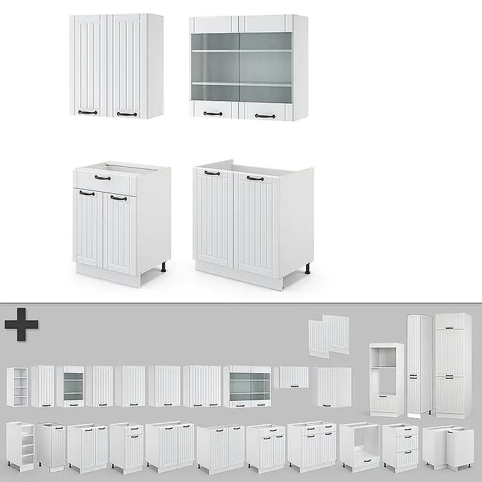 Vicco Singleküche Fame-Line Weiß Landhaus/Weiß, AP Marmor - Weiß Landhaus, Mit AP Marmor - Modulare weiße Küchenschränke, darunter Wand-, Unter- und Hochschränke, mit verschiedenen Tür- und Schubladenkonfigurationen.