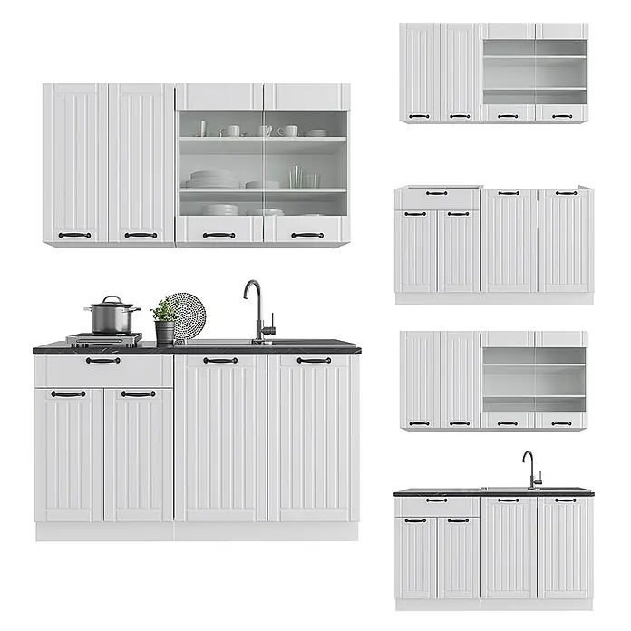 Vicco Singleküche Fame-Line Weiß Landhaus/Weiß, AP Marmor - Weiß Landhaus, Mit AP Marmor - Weiße Küchenschränke mit schwarzen Griffen, teilweise Glastüren, dunkler Arbeitsplatte, Spüle und Kochfeld.