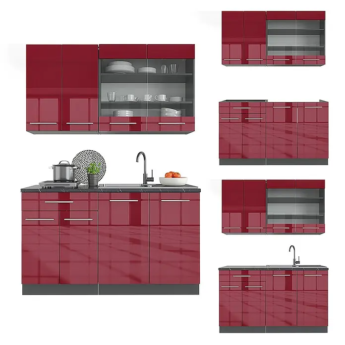 Vicco Singleküche Fame-Line Bordeaux Hochglanz/Anthrazit, AP Eiche - Breite: 140 cm, Bordeaux Hochglanz, Mit AP Eiche - Hochglänzende rote modulare Küchenschränke mit silbernen Griffen und dunklen Arbeitsplatten, Ober- und Unterschränke.
