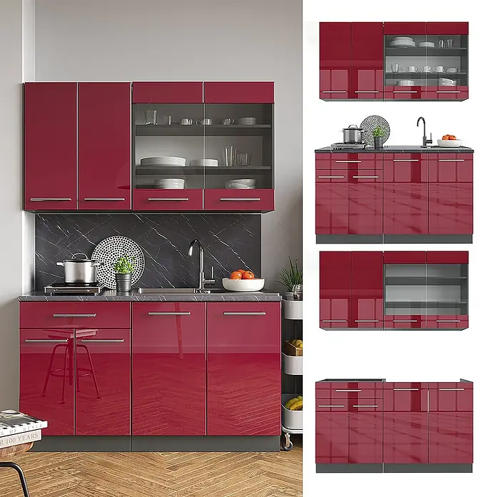 Vicco Singleküche Fame-Line Bordeaux Hochglanz/Anthrazit, AP Eiche - Breite: 140 cm, Bordeaux Hochglanz, Mit AP Eiche - Moderne hochglanzrote Küchenschrankgarnitur mit Voll- und Glastüren, Ober- und Unterschränken und Spülbereich.