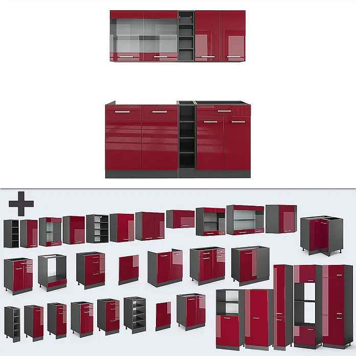 Vicco Singleküche R-Line Rot Hochglanz/Anthrazit ohne Arbeitsplatte - Breite: 160 cm, Rot Hochglanz, Ohne AP - Modulare Küchenschränke mit glänzenden dunkelroten Fronten und dunkelgrauen Korpusen, verschiedene Ober- und Unterschränke.