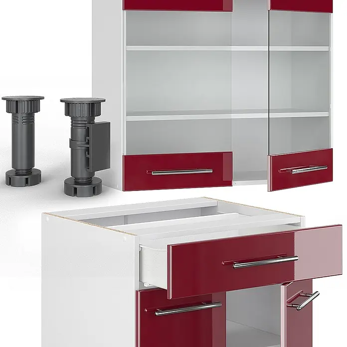 Vicco Singleküche Fame-Line Bordeaux Hochglanz/Weiß, AP Eiche - Breite: 140 cm, Bordeaux Hochglanz, Mit AP Eiche - Verstellbare Möbelfüße und modulare Küchenschränke mit weißen Korpen, hochglänzenden roten Fronten, silbernen Griffen und Glastüren oben.