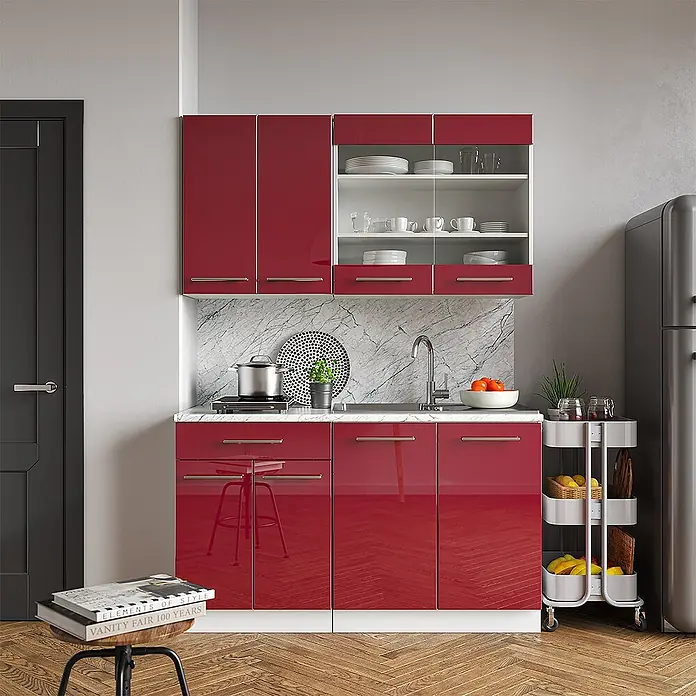 Vicco Singleküche Fame-Line Bordeaux Hochglanz/Weiß, AP Eiche - Breite: 140 cm, Bordeaux Hochglanz, Mit AP Eiche - Rote Hochglanz-Küchenzeile mit weißer Arbeitsplatte und Marmor-Rückwand, bietet Stauraum und Spülbereich.