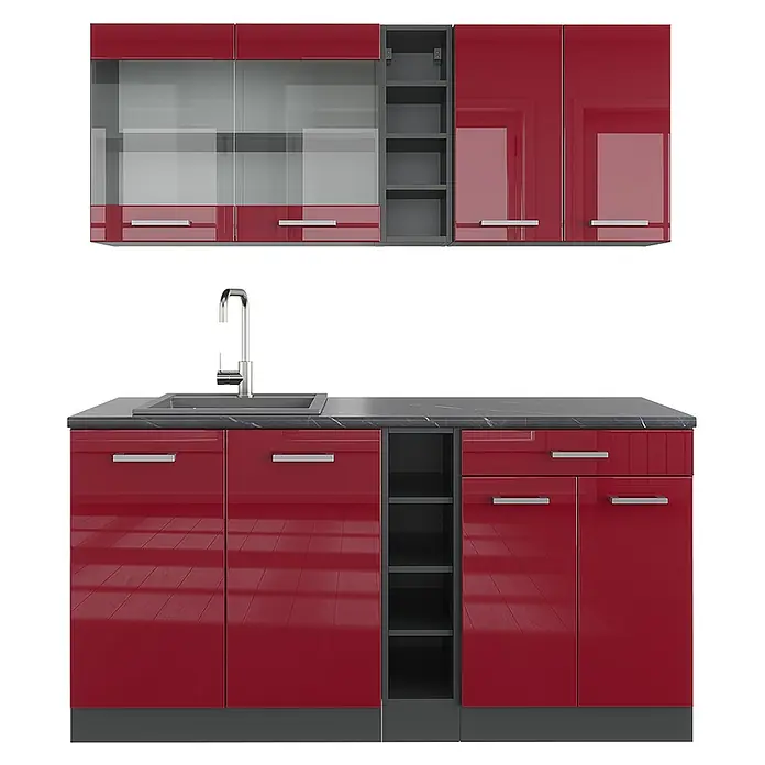 Vicco Singleküche R-Line Rot Hochglanz/Anthrazit, AP Anthrazit - Rot Hochglanz, Mit AP Anthrazit - Moderne rote Hochglanzküchenschränke mit dunkelgrauer Arbeitsplatte, Spüle und Chromarmatur. Mit offenen Regalen und oberen Glasschränken.