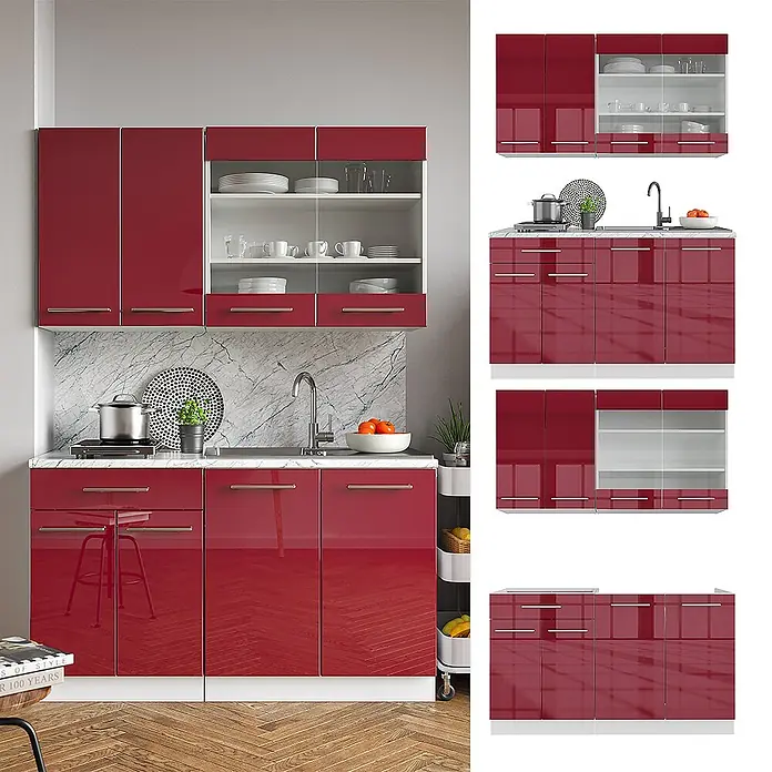 Vicco Singleküche Fame-Line Bordeaux Hochglanz/Weiß, AP Eiche - Breite: 140 cm, Bordeaux Hochglanz, Mit AP Eiche - Rote, glänzende, moderne Küchenschränke mit weißer Marmor-Arbeitsplatte.