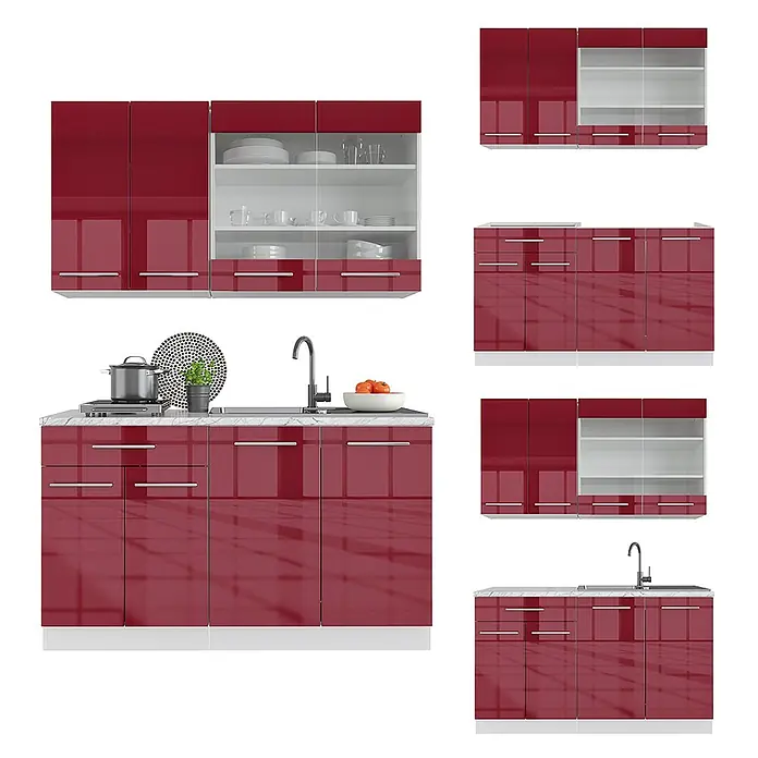 Vicco Singleküche Fame-Line Bordeaux Hochglanz/Weiß, AP Eiche - Breite: 140 cm, Bordeaux Hochglanz, Mit AP Eiche - Modulare hochglanzrote Küchenschränke, teils mit Glastüren, für Ober- und Unterschränke einer kompletten Küche.