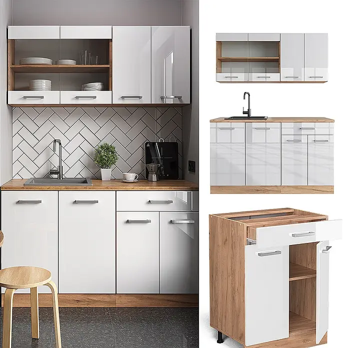 Vicco Singleküche R-Line Weiß Hochglanz/Goldkraft Eiche, AP Marmor - Breite: 140 cm, Weiß Hochglanz, Mit AP Marmor - Modulares Küchenschrank-Set mit hochglänzenden weißen Fronten und hellen Holzdetails, inklusive Ober- und Unterschränken.
