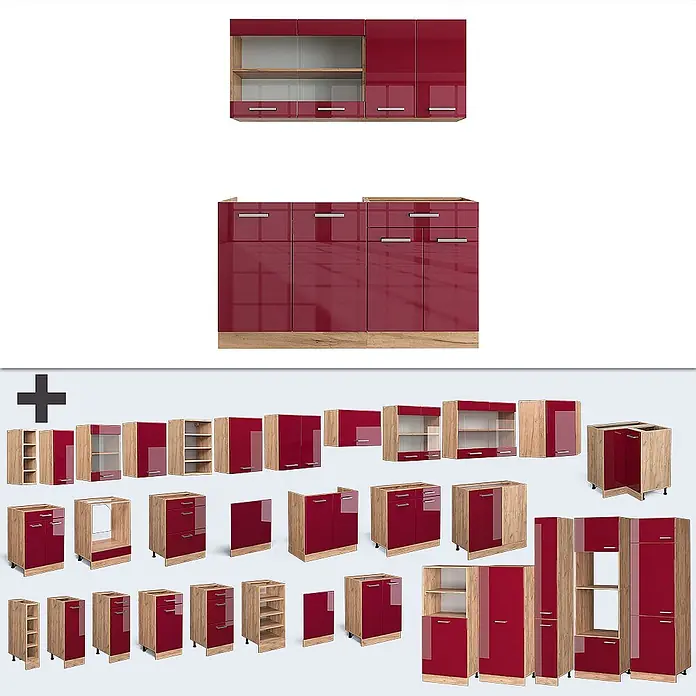 Vicco Singleküche R-Line Rot Hochglanz/Goldkraft Eiche ohne Arbeitsplatte - Rot Hochglanz, Ohne AP - Modulare Küchenschränke mit glänzenden roten Fronten und hellen Holzoptik-Rahmen.