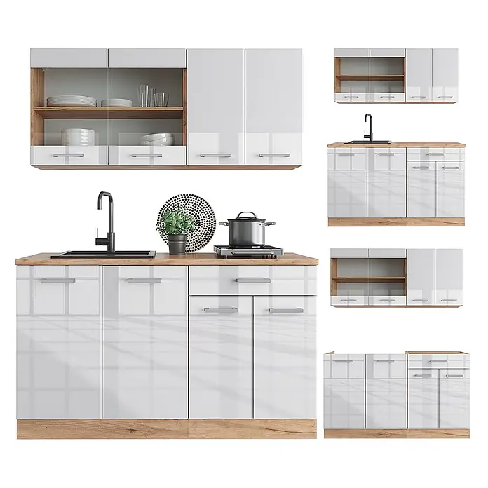 Vicco Singleküche R-Line Weiß Hochglanz/Goldkraft Eiche, AP Marmor - Breite: 140 cm, Weiß Hochglanz, Mit AP Marmor - Weißglänzende modulare Küchenzeile mit Holz-Arbeitsplatten und offenen Regalen, inklusive Spülbecken und Kochfeld.