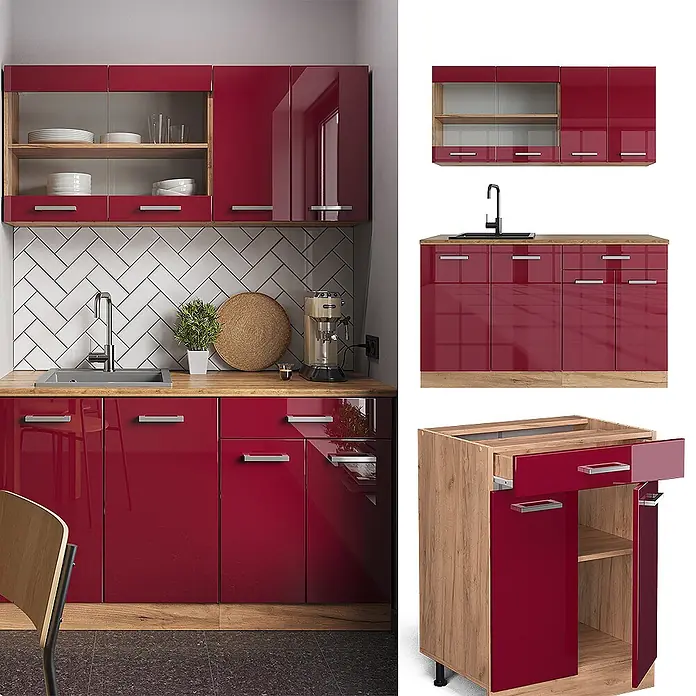Vicco Singleküche R-Line Rot Hochglanz/Goldkraft Eiche ohne Arbeitsplatte - Rot Hochglanz, Ohne AP - Moderne hochglanzrote Küchenschrank-Set mit Holzoptik-Arbeitsplatten und -Regalen.