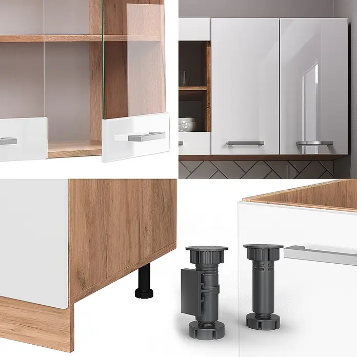 Vicco Singleküche R-Line Weiß Hochglanz/Goldkraft Eiche, AP Marmor - Breite: 140 cm, Weiß Hochglanz, Mit AP Marmor - Modulare Küchenschränke: weiße Hochglanzfronten, helle Holzkorpusse, Glastüren, silberne Griffe, schwarze Verstellfüße.