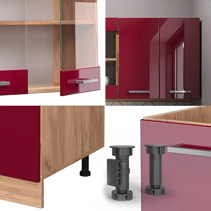 Vicco Singleküche R-Line Rot Hochglanz/Goldkraft Eiche ohne Arbeitsplatte - Rot Hochglanz, Ohne AP - Rote glänzende Küchenschränke mit Holzdetails, Glastüren, silbernen Griffen und verstellbaren grauen Schranksockeln.