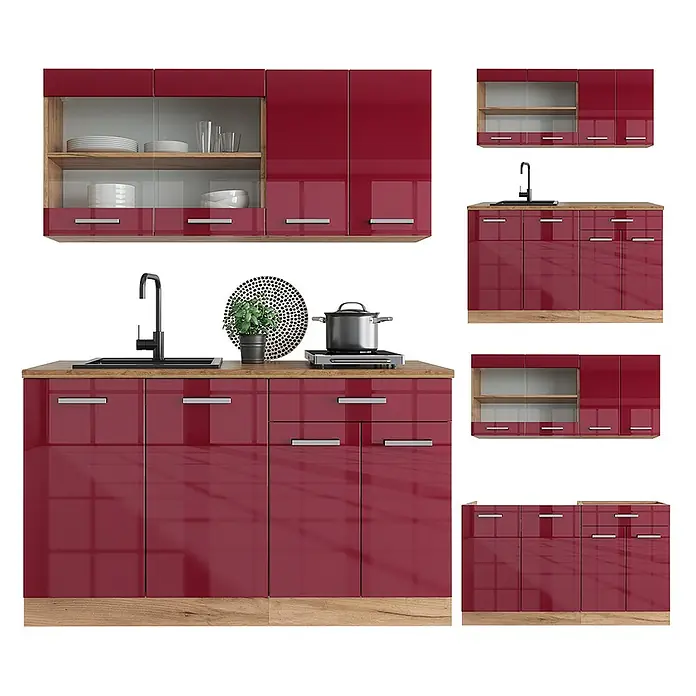 Vicco Singleküche R-Line Rot Hochglanz/Goldkraft Eiche ohne Arbeitsplatte - Rot Hochglanz, Ohne AP - Modulares Küchenset mit glänzenden roten Schränken, Holzelementen, Wandschränken und Unterschränken mit Spüle.