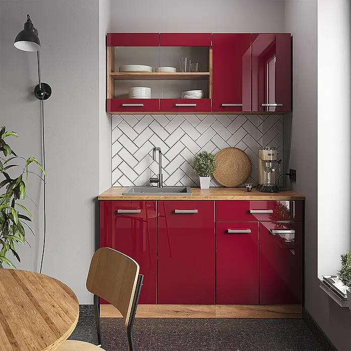 Vicco Singleküche R-Line Rot Hochglanz/Goldkraft Eiche ohne Arbeitsplatte - Rot Hochglanz, Ohne AP - Moderne Küche mit hochglänzenden roten Schränken und Holz-Arbeitsplatte.