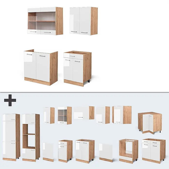 Vicco Singleküche R-Line Weiß Hochglanz/Goldkraft Eiche, AP Marmor - Breite: 140 cm, Weiß Hochglanz, Mit AP Marmor - Modulare Küchenschränke mit weißen Hochglanzfronten und hellen Eicheneffekt-Korpus, vielseitige Einheiten für anpassbaren Stauraum.