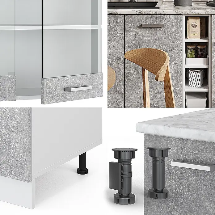 Vicco Singleküche R-Line Beton/Weiß, AP Marmor - Beton, Mit AP Marmor - Modulare Küchenschränke in Betonoptik Grau mit Glastüren, Metallgriffen und verstellbaren Nivellierfüßen.