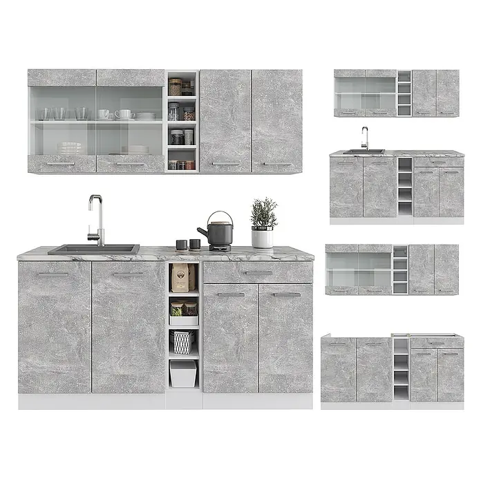 Vicco Singleküche R-Line Beton/Weiß, AP Marmor - Beton, Mit AP Marmor - Modulare Küchenschränke in grau marmorierter Optik, inkl. Ober-, Unterschränke, Spüle und offene Regale.