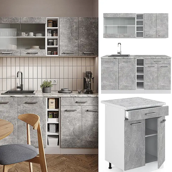 Vicco Singleküche R-Line Beton/Weiß, AP Marmor - Beton, Mit AP Marmor - Modulare Küchenzeile: graue Beton-Optik-Schränke, weiße Regale, Marmor-Arbeitsplatte mit Spüle.