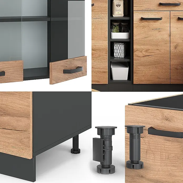Vicco Singleküche R-Line Goldkraft Eiche/Anthrazit, AP Eiche - Breite: 160 cm, Goldkraft Eiche, Mit AP Eiche - Modulare Küchenmöbel: Anthrazitkorpus, Eichenholzoptik-Fronten, schwarze Griffe, Glastüren und verstellbare Füße.