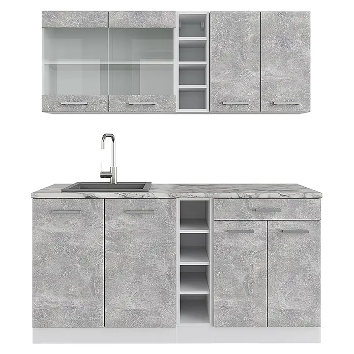 Vicco Singleküche R-Line Beton/Weiß, AP Marmor - Beton, Mit AP Marmor - Küchenschrank-Set in Betonoptik mit Ober- und Unterschränken, Glastüren, offenen Regalen, Spüle und Wasserhahn.