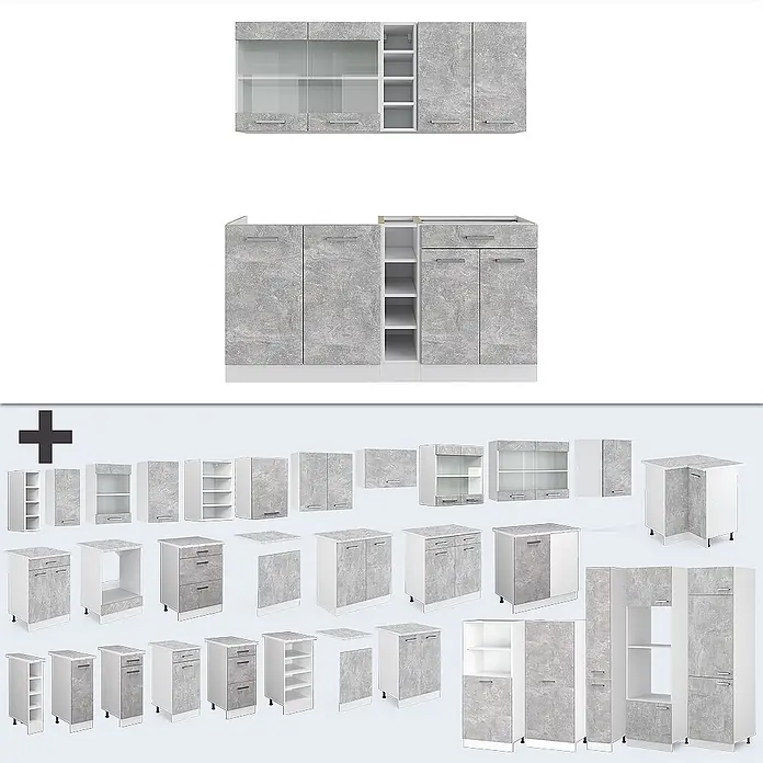 Vicco Singleküche R-Line Beton/Weiß, AP Marmor - Beton, Mit AP Marmor - Modulare Küchenschränke mit hellgrauen Betonoptik-Fronten und weißen Korpus.