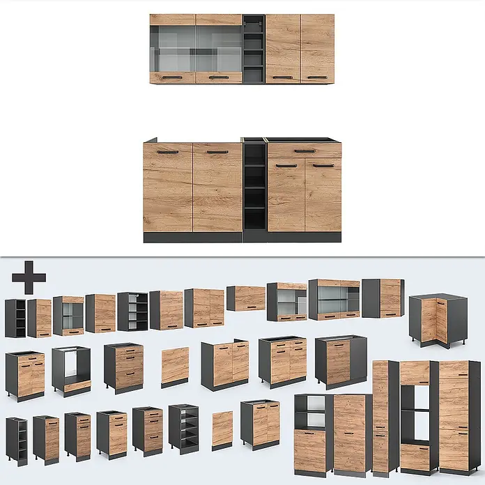 Vicco Singleküche R-Line Goldkraft Eiche/Anthrazit, AP Eiche - Breite: 160 cm, Goldkraft Eiche, Mit AP Eiche - Modulare Küchenschränke mit heller Holzoptik und dunkelgrauen Rahmen, darunter Unter-, Ober- und Eckschränke für verschiedene Küchenkonfigurationen.