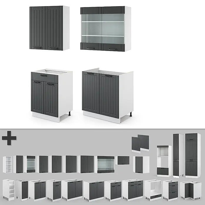 Vicco Singleküche Fame-Line Anthrazit Landhaus/Weiß, AP Eiche - Breite: 140 cm, Anthrazit Landhaus, Mit AP Eiche - Modulare Küchenschränke mit weißen Korpen und dunkelgrauen, vertikal gerillten Türen, inkl. Unter-, Ober- und Glastürschränken.