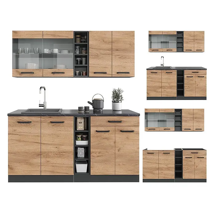 Vicco Singleküche R-Line Goldkraft Eiche/Anthrazit, AP Eiche - Breite: 160 cm, Goldkraft Eiche, Mit AP Eiche - Modulare Küchenschränke mit Holzoptikfronten, dunkelgrauen Arbeitsplatten und integrierten Griffen.