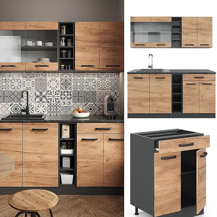 Vicco Singleküche R-Line Goldkraft Eiche/Anthrazit, AP Eiche - Breite: 160 cm, Goldkraft Eiche, Mit AP Eiche - Modulare Küchenschränke mit Holzoptikfronten, dunkelgrauen Rahmen und schwarzen Griffen. Mit Ober- und Unterschränken.