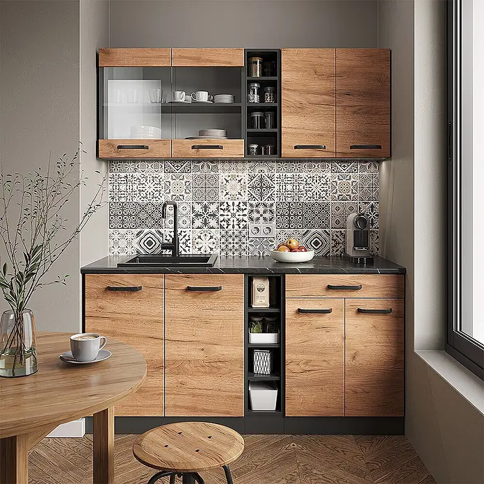 Vicco Singleküche R-Line Goldkraft Eiche/Anthrazit, AP Eiche - Breite: 160 cm, Goldkraft Eiche, Mit AP Eiche - Moderne Küchenzeile mit hellen Holzoptik-Schränken, schwarzen Arbeitsplatten und dekorativem Fliesen-Rückwand.