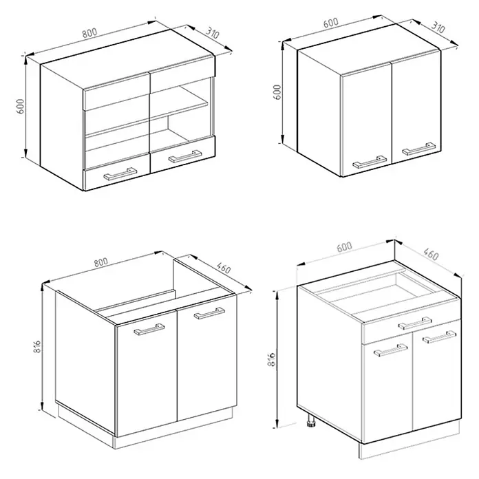 Vicco Singleküche R-Line Goldkraft Eiche/Anthrazit J-Shape - Goldkraft Eiche, Ohne AP - Schematische Darstellung verschiedener Küchenschränke, darunter Hängeschränke mit Türen und Unterschränke mit Schubladen und Türen.