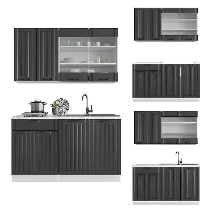Vicco Singleküche Fame-Line Anthrazit Landhaus/Weiß, AP Eiche - Breite: 140 cm, Anthrazit Landhaus, Mit AP Eiche - Dunkelgraue Küchenschränke mit weißer Marmor-Arbeitsplatte, bestehend aus Unter- und Hängeschränken, teils mit Glastüren, Spüle und Herd.