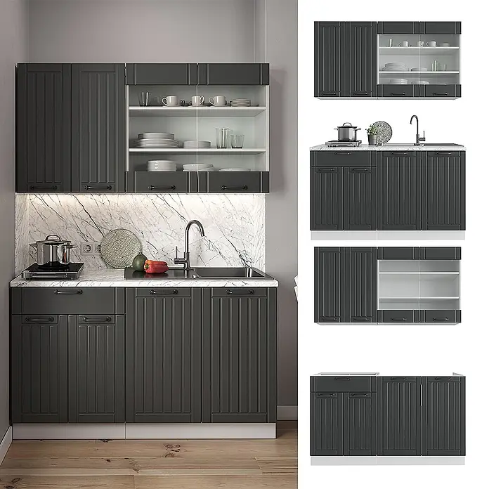 Vicco Singleküche Fame-Line Anthrazit Landhaus/Weiß, AP Eiche - Breite: 140 cm, Anthrazit Landhaus, Mit AP Eiche - Dunkelgraue Küchenzeile mit gerillten Türen, Marmor-Arbeitsplatte und integriertem Spülbecken. Oberschränke (teilweise mit Glas) und Unterschränke.