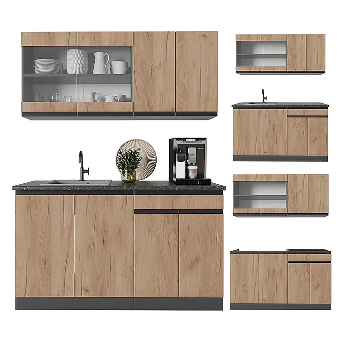 Vicco Singleküche R-Line Goldkraft Eiche/Anthrazit J-Shape - Goldkraft Eiche, Ohne AP - Modernes Küchenset aus hellem Holzdekor, dunkler Arbeitsplatte und Oberschränken mit Glasfronten, inkl. Spüle und Kaffeemaschine.
