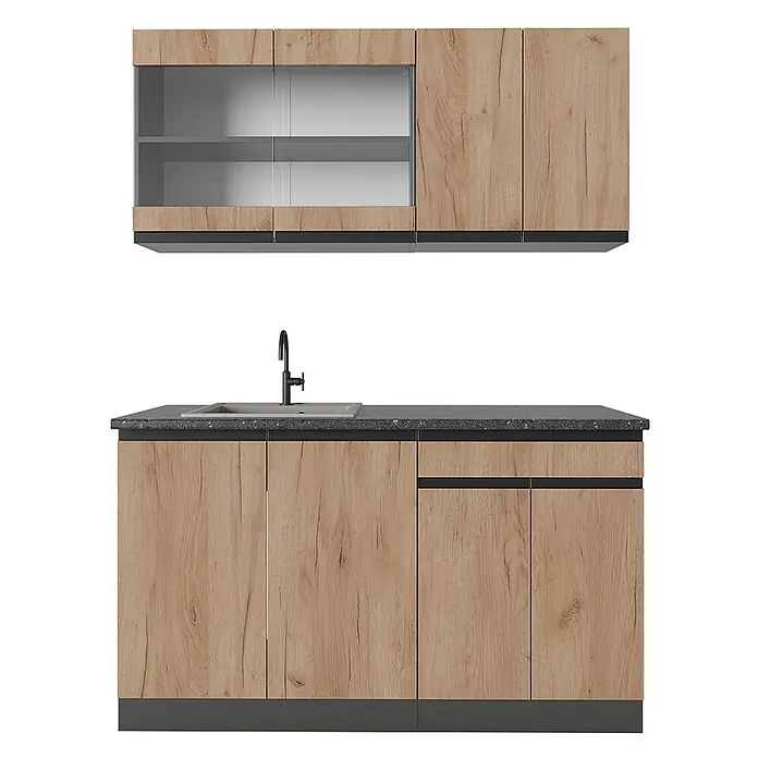 Vicco Singleküche R-Line Goldkraft Eiche/Anthrazit J-Shape - Goldkraft Eiche, Ohne AP - Modernes Küchenschränke-Set in heller Holzoptik mit dunkler Arbeitsplatte und oberen Vitrinen.