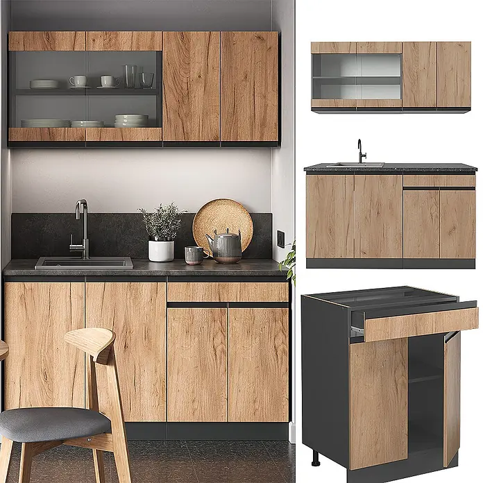 Vicco Singleküche R-Line Goldkraft Eiche/Anthrazit J-Shape - Goldkraft Eiche, Ohne AP - Küchenschrank-Set in Holzoptik mit dunkelgrauen Arbeitsplatten und Akzenten, inklusive Wand- und Unterschränken sowie Spülbecken.