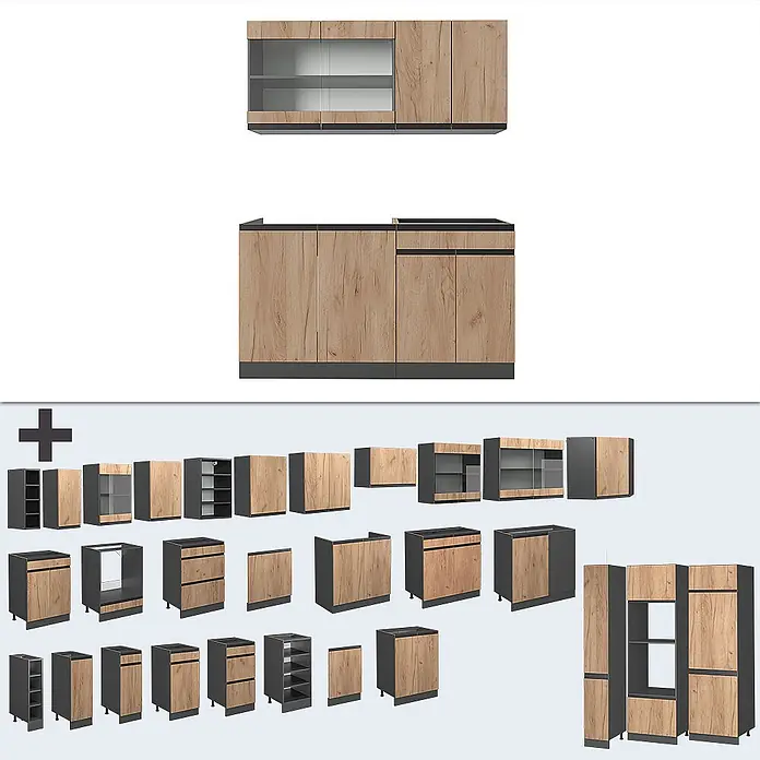 Vicco Singleküche R-Line Goldkraft Eiche/Anthrazit J-Shape - Goldkraft Eiche, Ohne AP - Modulare Küchenschränke in heller Holzoptik und Dunkelgrau, mit Ober-, Unter- und Hochschränken für flexible Gestaltung.