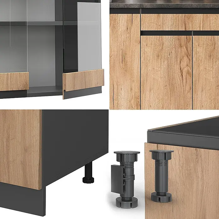 Vicco Singleküche R-Line Goldkraft Eiche/Anthrazit J-Shape - Goldkraft Eiche, Ohne AP - Modulare Küchenschränke mit hellen Holzfronten, dunkelgrauen Rahmen, Griffen, Sockeln und verstellbaren Füßen.