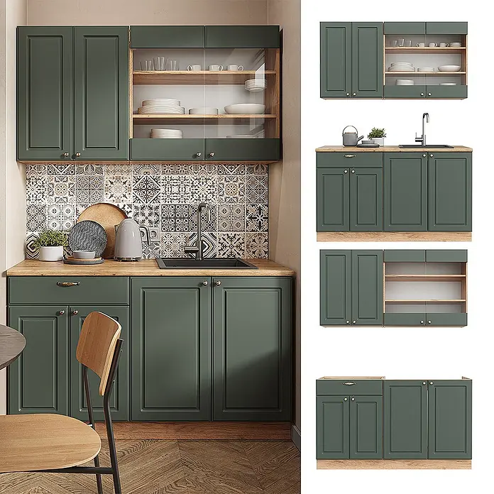 Vicco Singleküche Fame-Line Grün-Gold Landhaus/Goldkraft Eiche, AP Anthrazit - Grün-Gold Landhaus, Mit AP Anthrazit - Dunkelgrüne Küchenschrank-Set mit Holzoptik-Arbeitsplatte, klassischen Paneeltüren und Glasoberschränken in einer Küche.