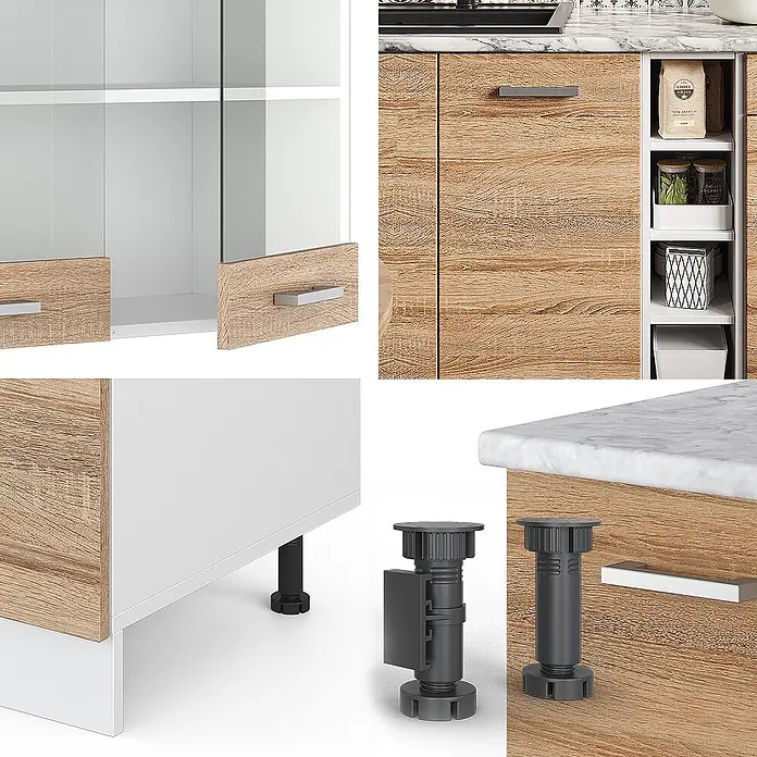 Vicco Singleküche R-Line Sonoma/Weiß ohne Arbeitsplatte - Sonoma, Ohne AP - Modulare Küchenschränke mit hellen Holzfronten, weißer Innenausstattung, einer Marmor-Arbeitsplatte und verstellbaren dunkelgrauen Füßen.
