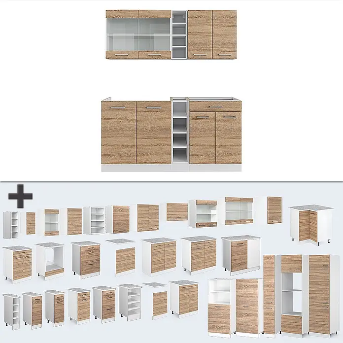 Vicco Singleküche R-Line Sonoma/Weiß ohne Arbeitsplatte - Sonoma, Ohne AP - Modulare Küchenmöbel in hellem Holz und Weiß mit grauen Arbeitsplatten.