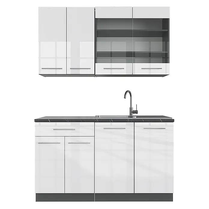 Vicco Singleküche Fame-Line, Weiß Hochglanz/Anthrazit, 140 cm -  - Weiße Hochglanz-Küchenzeile mit dunkler Arbeitsplatte, Spüle und oberen Glasvitrinen.