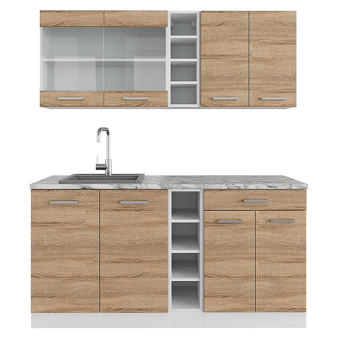 Vicco Singleküche R-Line Sonoma/Weiß ohne Arbeitsplatte - Sonoma, Ohne AP - Moderne Küchenzeile in heller Holzoptik mit weißen Regalen, Marmor-Arbeitsplatte und Spüle.