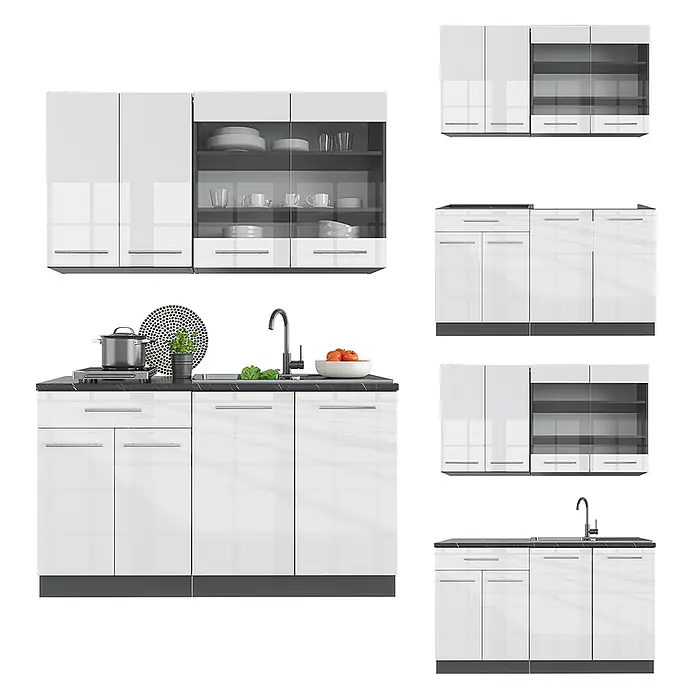 Vicco Singleküche Fame-Line Weiß Hochglanz/Anthrazit, AP Marmor - Weiß Hochglanz, Mit AP Marmor - Weißes Hochglanz-Küchenschrank-Set mit schwarzen Arbeitsplatten, integrierter Spüle und Oberschränken mit Glasfront.